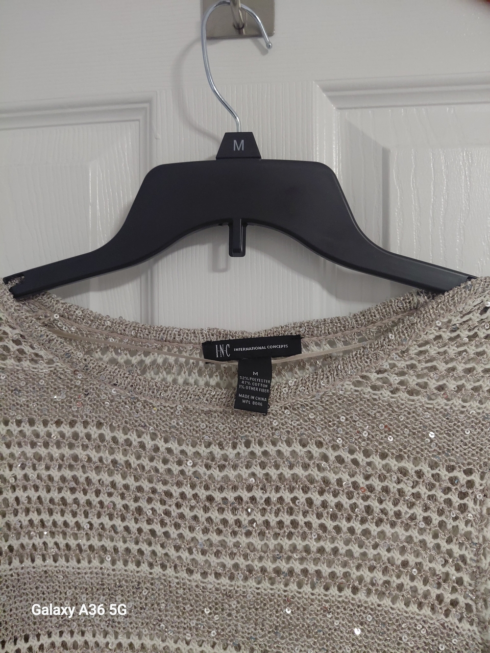 INC International Concepts Beige Open-Knit Sequin Crewneck Sweater